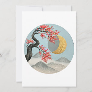 Minimalistische Japanse Kersebloesem Maan Landscha Feestdagenkaart