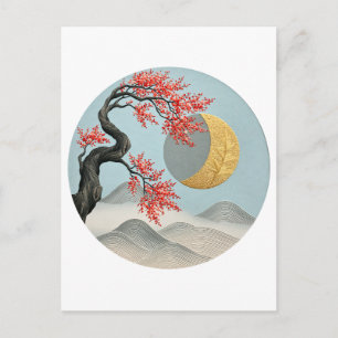 Minimalistische Japanse Kersenbloesem Maan Landsch Aankondigingskaart