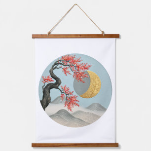 Minimalistische Japanse Kersenbloesem Maan Landsch Hangend Wandkleed