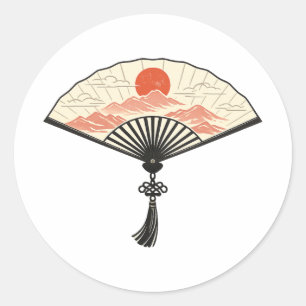 Minimalistische Japanse Vouwventilator Rode Zon Es Ronde Sticker
