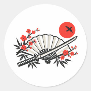 Minimalistische Japanse Vouwventilator Rode Zon Es Ronde Sticker
