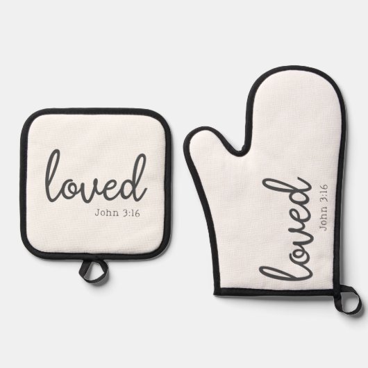 Minimalistische Johannes 3:16 Liefde Ovenwant & Pannenlap Set (Voorkant)