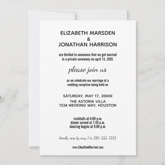 Minimalistische Just Married-uitnodiging Ontvangst Kaart (Achterkant)