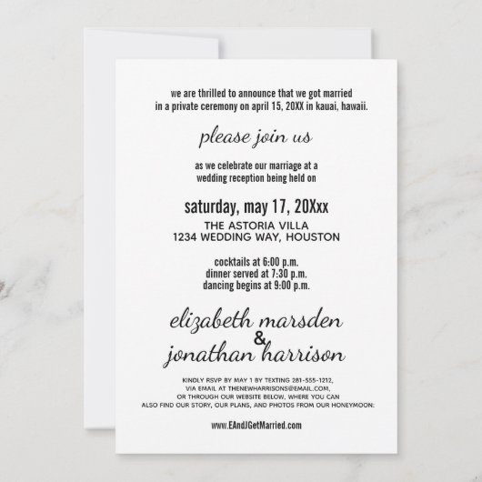 Minimalistische Just Married Website RSVP Ontvangs Kaart (Achterkant)