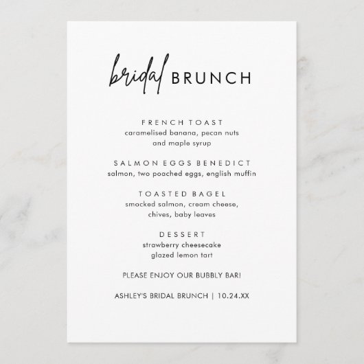Minimalistische Kaarten van het Menu Bridal Brunch (Voorkant)