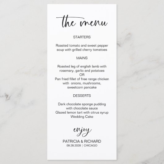 Minimalistische kalligrafie 4x9 bruiloft menu Kaar (Voorkant)