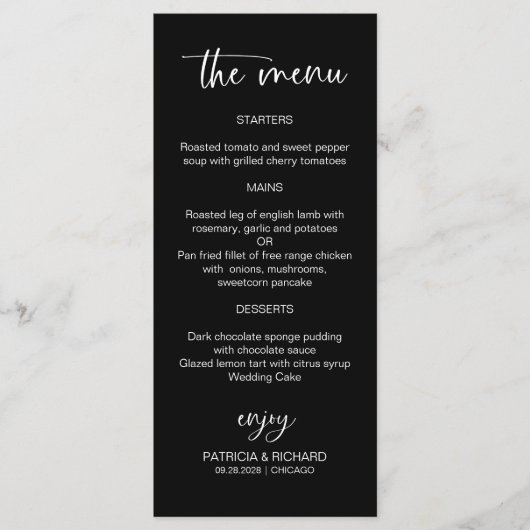 Minimalistische kalligrafie 4x9 bruiloft menu Kaar (Voorkant)