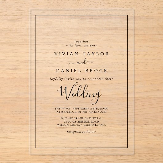 Minimalistische kalligrafie Boho Classic Black Wed Acryl Uitnodigingen (Voorkant)