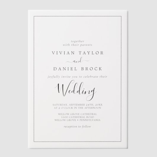 Minimalistische kalligrafie Boho Classic Black Wed Vellum Uitnodigingen (Voorkant)