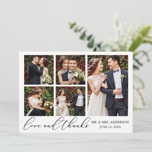 Minimalistische kalligrafie bruiloft 5 foto liefde bedankkaart (Staand voorkant)