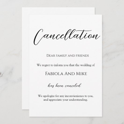 Minimalistische kalligrafie bruiloft annulering aankondiging (Voorkant / Achterkant)
