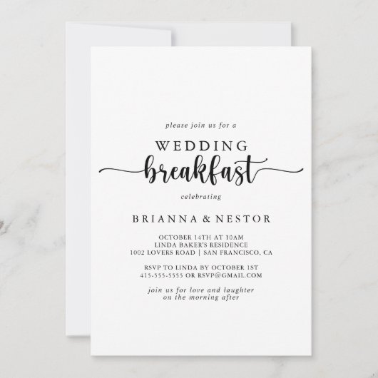 Minimalistische kalligrafie bruiloft ontbijt kaart (Voorkant)