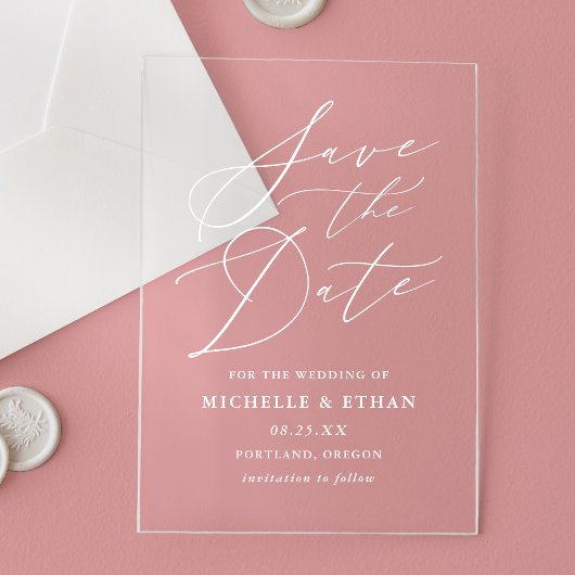 Minimalistische kalligrafie bruiloft Save the Date Acryl Uitnodigingen