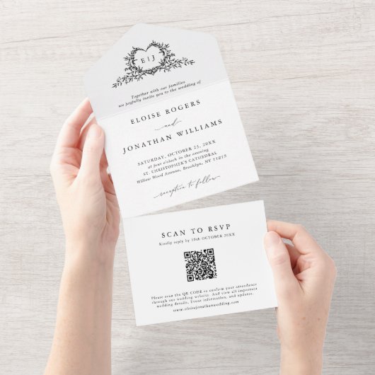 Minimalistische kalligrafie crest monogram QR-code All In One Uitnodiging (Afscheurbaar)