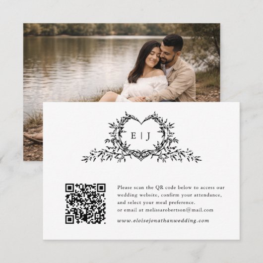 Minimalistische kalligrafie crest monogram QR-code RSVP Kaartje (Voorkant / Achterkant)