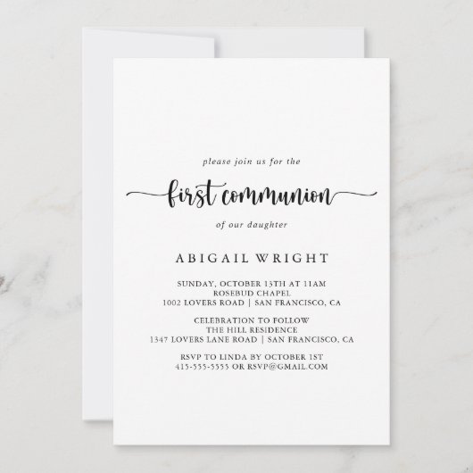 Minimalistische kalligrafie eerste communie kaart (Voorkant)