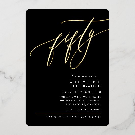 MINIMALISTISCHE Kalligrafie elegante 50e partij zw Folie Uitnodiging (Voorkant)