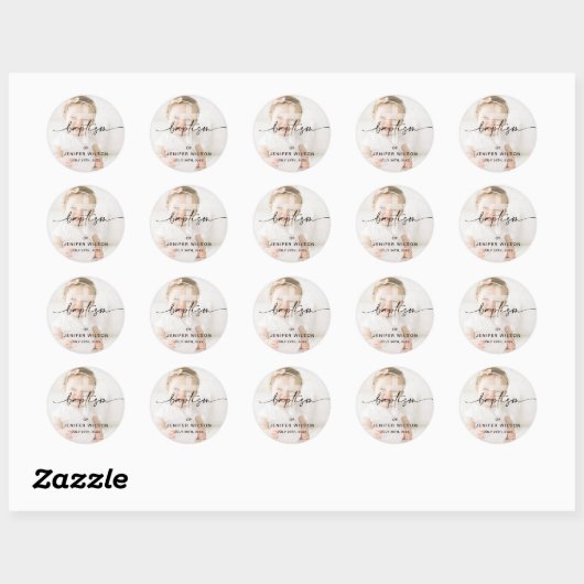 Minimalistische kalligrafie Foto Baby Doop Ronde Sticker (Vel)