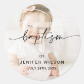 Minimalistische kalligrafie Foto Baby Doop Ronde Sticker (Voorkant)