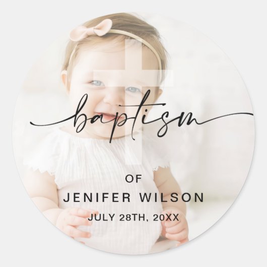 Minimalistische kalligrafie Foto Baby Doop Ronde Sticker (Voorkant)
