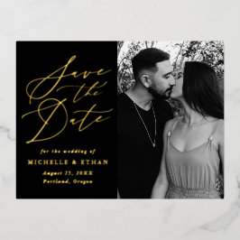 Minimalistische kalligrafie foto save the date folie uitnodiging briefkaart