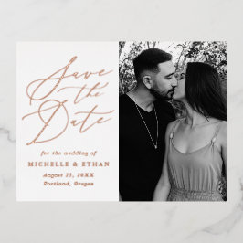 Minimalistische kalligrafie foto save the date folie uitnodiging briefkaart