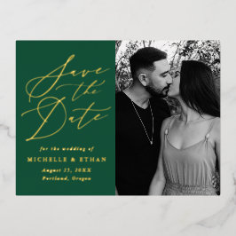 Minimalistische kalligrafie foto save the date folie uitnodiging briefkaart