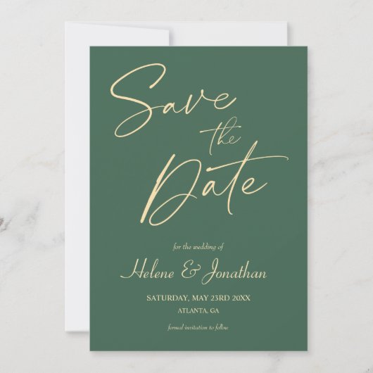 Minimalistische kalligrafie Groene Elegante Bruilo Save The Date (Voorkant)