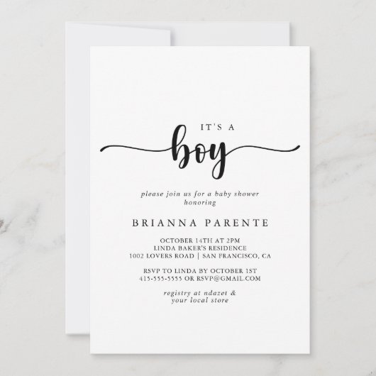 Minimalistische kalligrafie Het is een Baby shower Kaart (Voorkant)