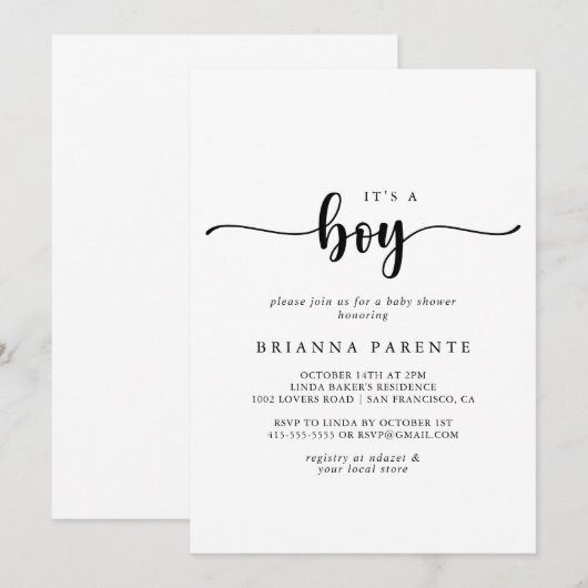 Minimalistische kalligrafie Het is een Baby shower Kaart (Voorkant / Achterkant)