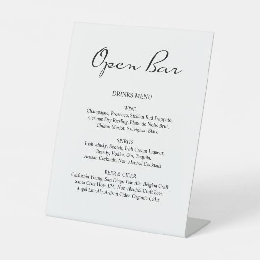 Minimalistische kalligrafie Open Bar Wit Bruiloft Reclamebord Met Voetstuk (Voorkant)