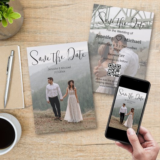 Minimalistische kalligrafie paar 2 foto's QR-code Save The Date