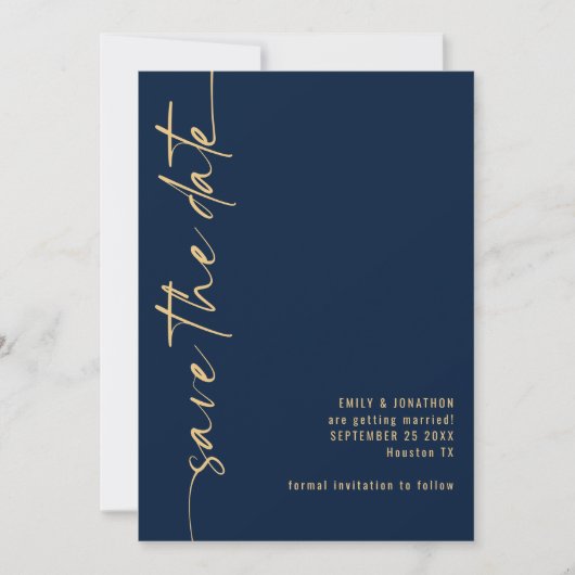 Minimalistische kalligrafie QR Code Navy Gold brui Save The Date (Voorkant)