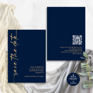 Minimalistische kalligrafie QR Code Navy Gold brui Save The Date