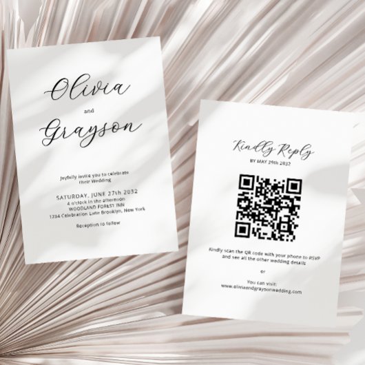Minimalistische kalligrafie QR-code RSVP Wedding Kaart