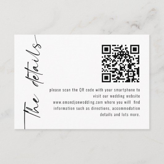 Minimalistische kalligrafie QR Code Wedding Detail Informatiekaartje (Voorkant)
