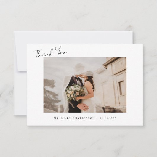 Minimalistische kalligrafie script bruiloft foto bedankkaart (Voorkant)