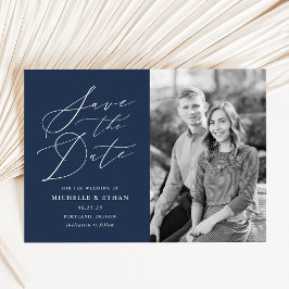Minimalistische kalligrafie script navy foto save the date