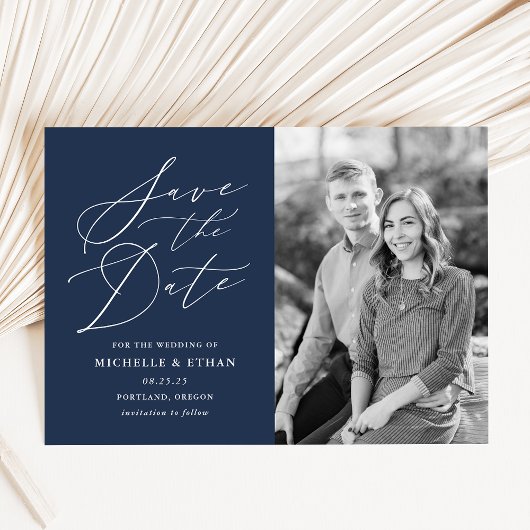 Minimalistische kalligrafie script navy foto save the date