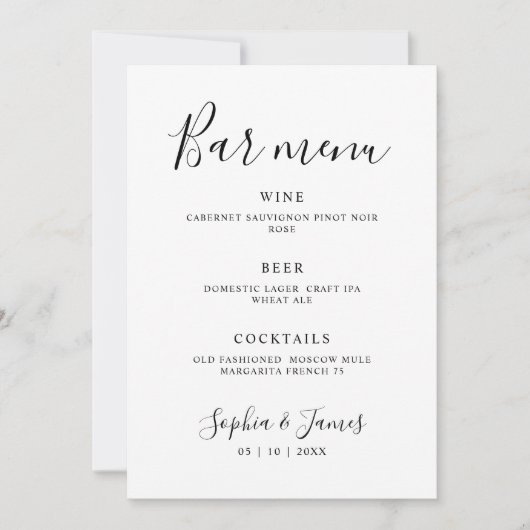 Minimalistische Kalligrafie Wedding Bar Menu Sign Kaart (Voorkant)