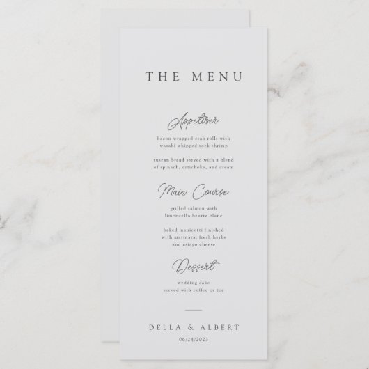 Minimalistische kalligrafische lichtgrijze bruilof menu (Voorkant / Achterkant)