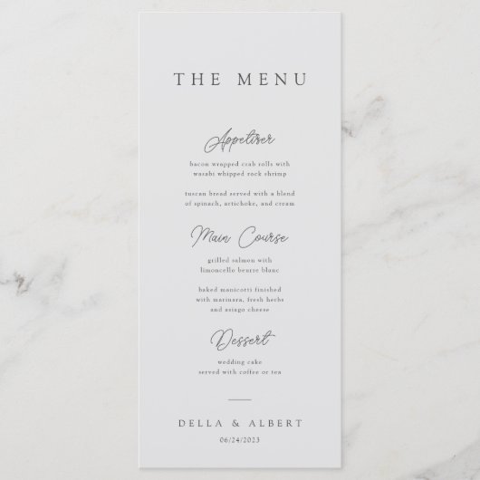 Minimalistische kalligrafische lichtgrijze bruilof menu (Voorkant)