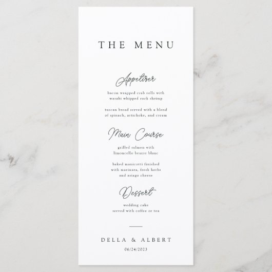 Minimalistische kalligrafische zwart-witte bruilof menu (Voorkant)