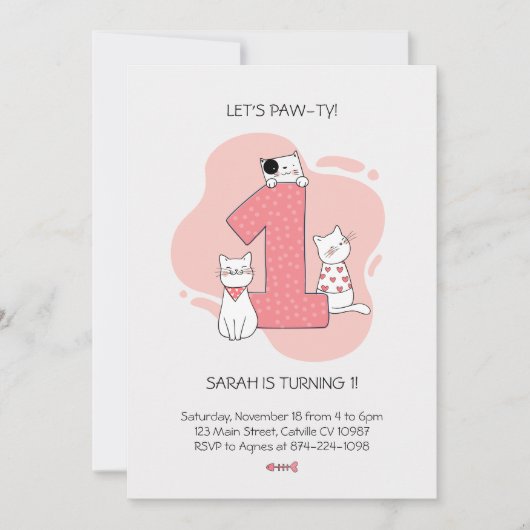 Minimalistische kat eerste verjaardag uitnodigen kaart (Voorkant)