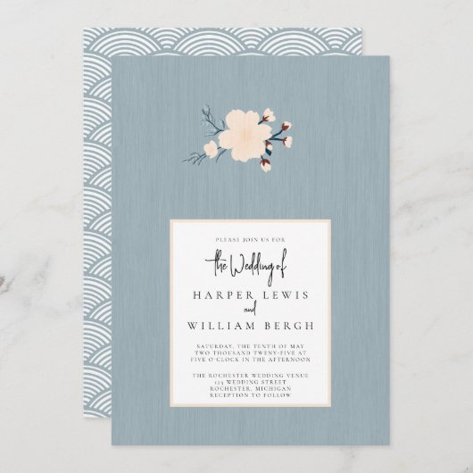 Minimalistische kersenbloem japandi bruiloft kaart (Voorkant / Achterkant)