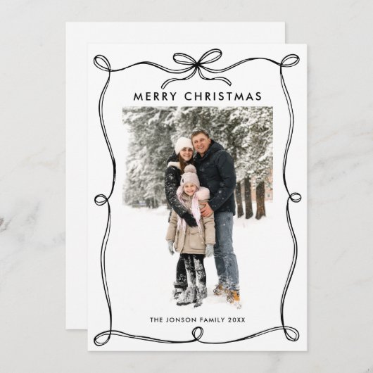 Minimalistische Kerst Boho Zwarte Strik Lint 2 Fot Feestdagenkaart (Voorkant / Achterkant)