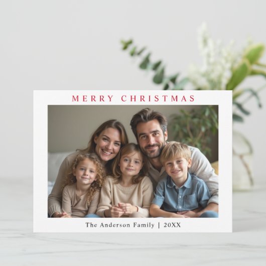 Minimalistische Kerst Custom Photo Forest Green Feestdagenkaart (Staand voorkant)