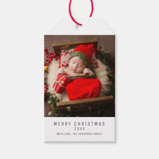 Minimalistische kerst familie Baby foto, Feestdage Cadeaulabel (Voorkant)