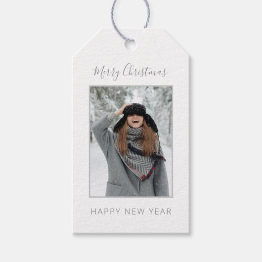 Minimalistische kerst grijs chevron foto cadeaulabel (Voorkant)
