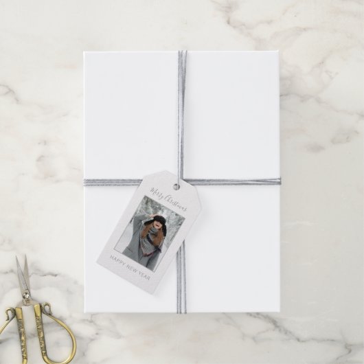 Minimalistische kerst grijs chevron foto cadeaulabel (Met Touw)